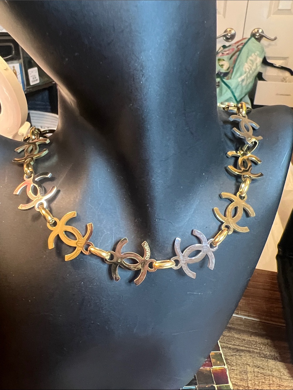 Multicolor C Link Necklace in Gold, Black, Brown & Cream